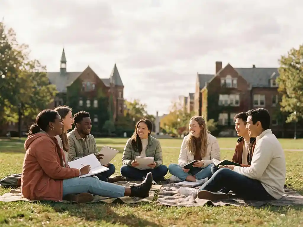 Diverse university students laughing and sharing notes outdoors on a campus green, historic brick buildings softly visible behind them.